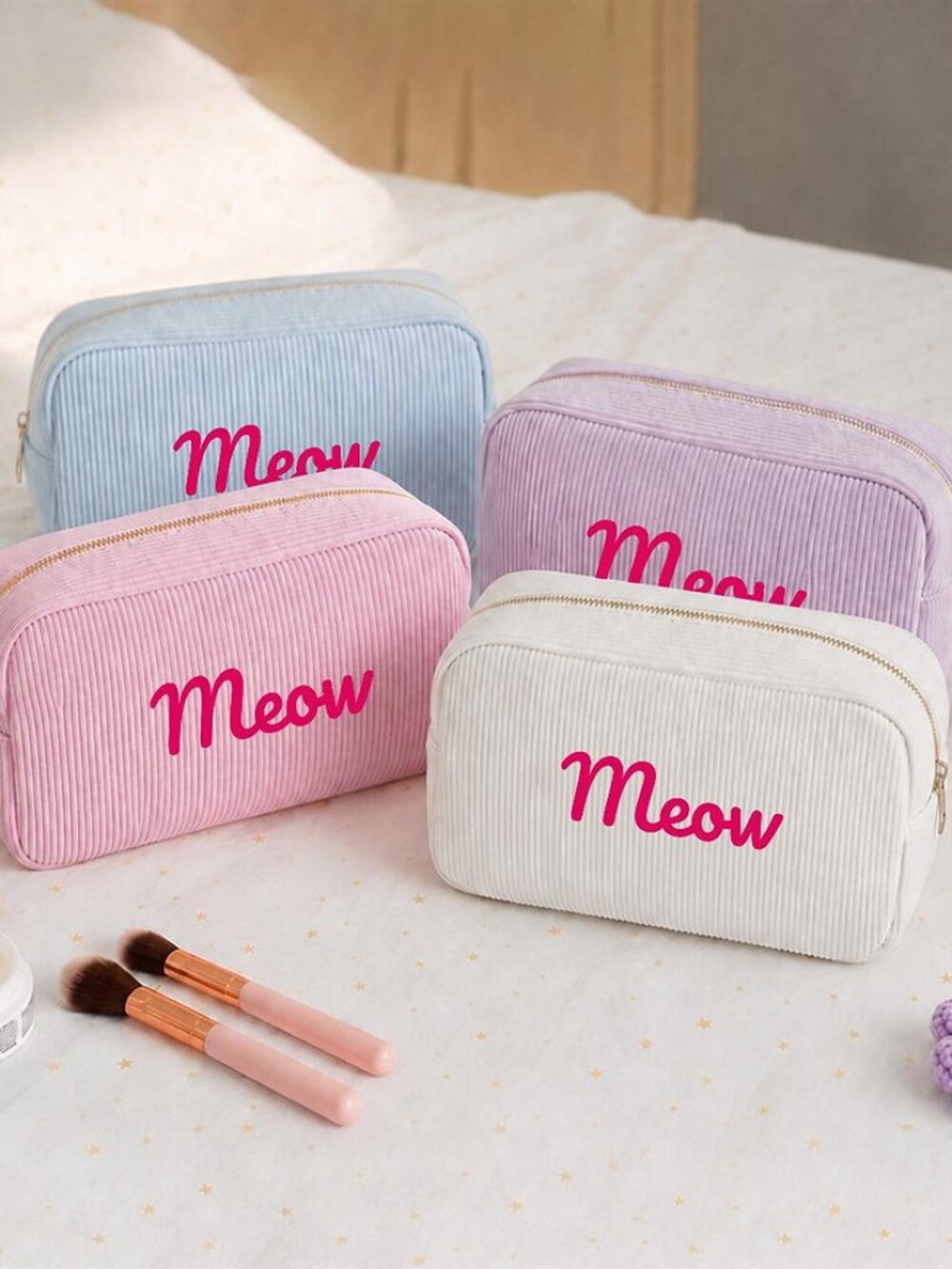 Corduroy Meow Embroidered Makeup Bag